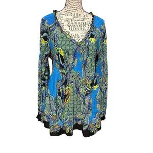 Sunny Leigh Tunic Sz XL Crinkle Blouse Flowy V Neck  Paisley Electric Artsy